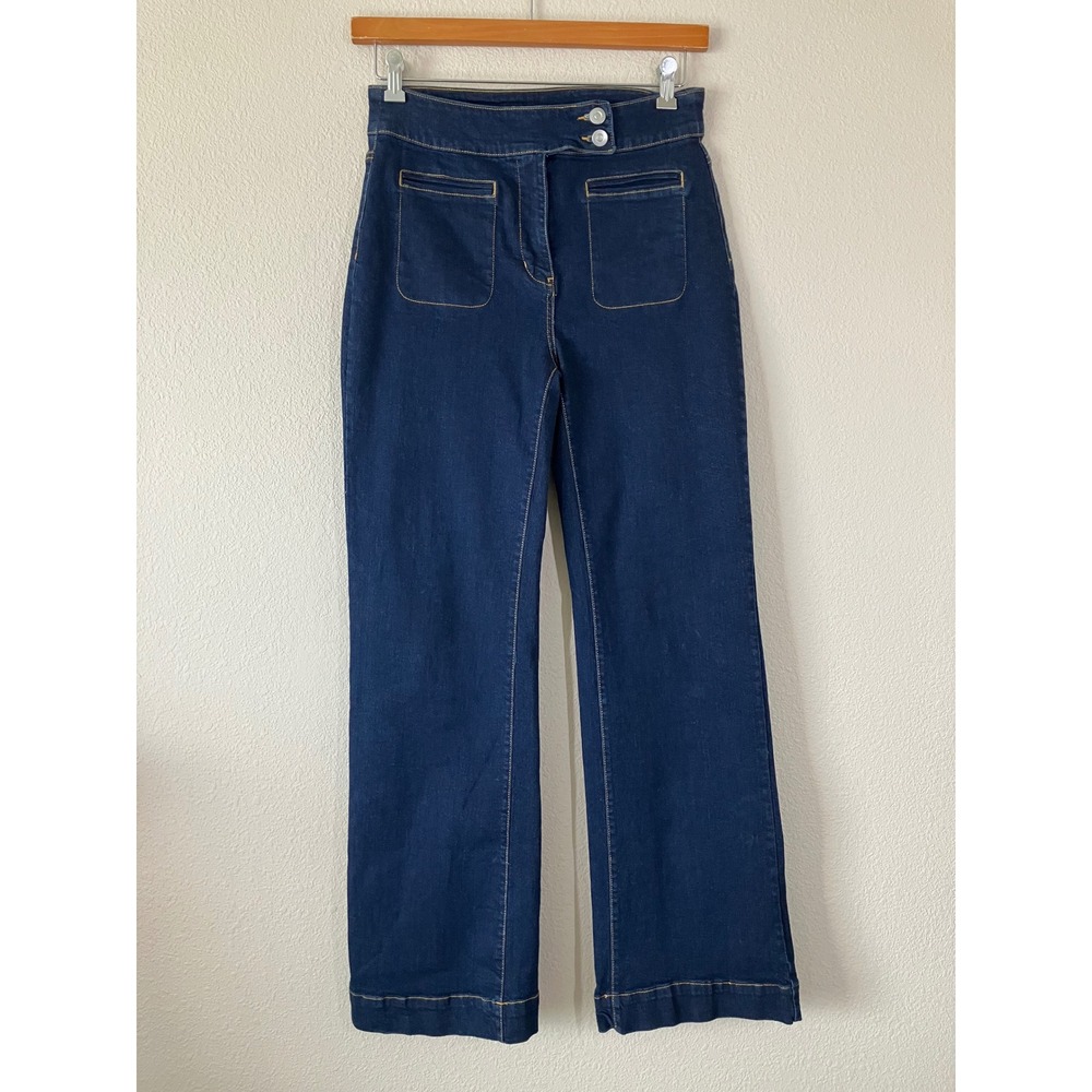 AVEC LES FILLES Wide Leg Jeans 28 High Rise Patch Pockets Retro Mod Dark Wash